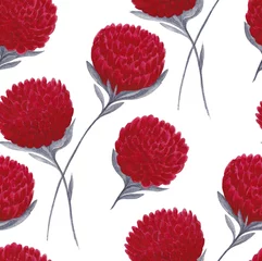 Fototapete Bordeaux Nahtloses Blumenmuster. Handgezeichnete Aquarellmalerei leuchtend rote Blumen mit grauen Blättern auf weißem Hintergrund. Schöne Naturvorlage für Design, Textil, Verpackung.