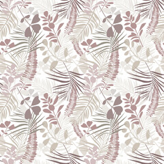 Botanical seamless pattern with tropical leaves and branches. Endless texture in boho style for t shirt print, wallpaper, textile, fabric etc. Vector illustration isolated on white background