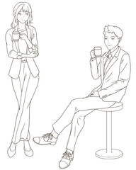 オフィスでコーヒー休憩をするビジネスマン、男女、モノクロ