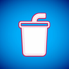 White Paper glass with drinking straw and water icon isolated on blue background. Soda drink glass. Fresh cold beverage symbol. Vector