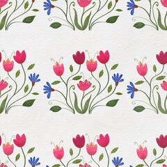 Seamless pattern with floral illustration in folk decorative ethnic style for fabrics, materials, background, clothing, wallpaper, paper