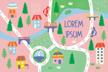Cute city map pattern, wallpaper for kids, illustration for preschool, hometown background, landscape with house and tree, city map collections.