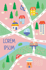 Fototapeta premium Cute city map pattern, wallpaper for kids, illustration for preschool, hometown background, landscape with house and tree, city map collections.