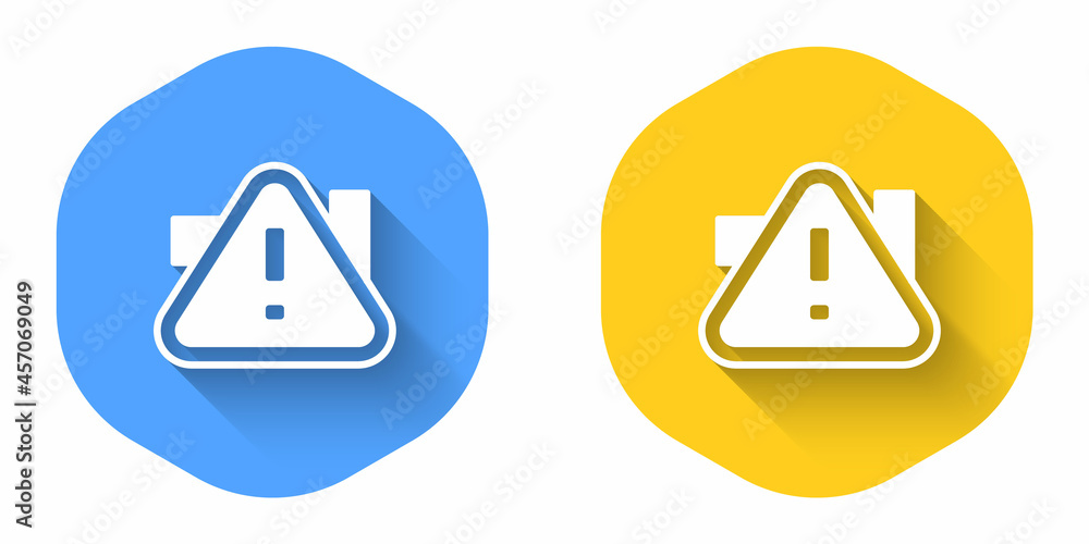 Poster white exclamation mark in triangle icon isolated with long shadow background. hazard warning sign, c