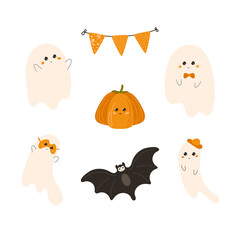 Halloween set with cute ghosts, pumpkin and bat with kawaii faces. Bunting with flags, elements for party decor, invitation design, cards, banner. Vector clipart set, illustration.