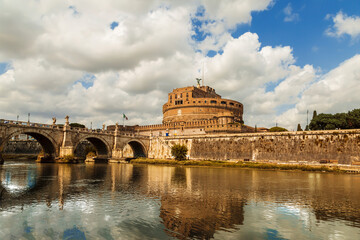 Sant'Angelo Castle or Hadrian's Mausoleum and Sant'Angelo Bridge on the Tiber River, Rome, Italy