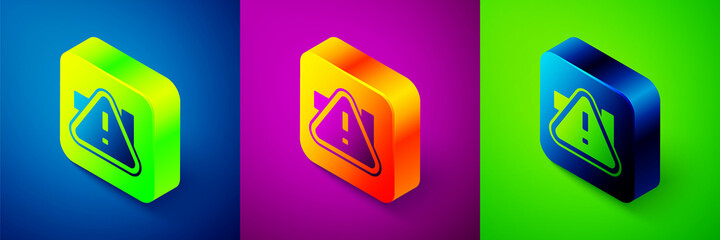 Isometric Exclamation mark in triangle icon isolated on blue, purple and green background. Hazard warning sign, careful, attention, danger warning important. Square button. Vector