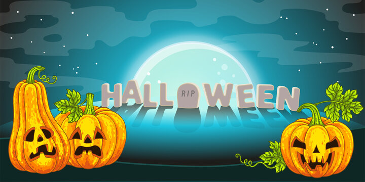 Halloween banner background. Full moon against the dark sky and horrible pumpkins Jack O Lantern