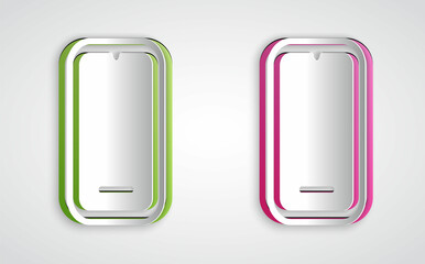Paper cut Smartphone, mobile phone icon isolated on grey background. Paper art style. Vector