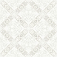 Seamless pattern consisting of diagonal square ornaments in beige-gray and white shades.