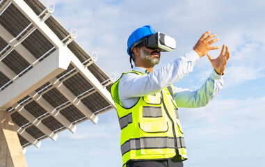 Engineer experiencing virtual reality in goggles against construction