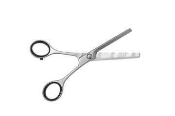 Professional hairdresser thinning scissors isolated on white. Haircut tool