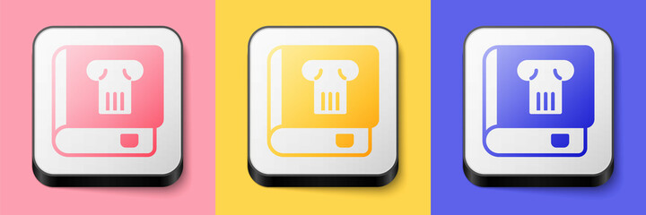 Isometric History book icon isolated on pink, yellow and blue background. Square button. Vector