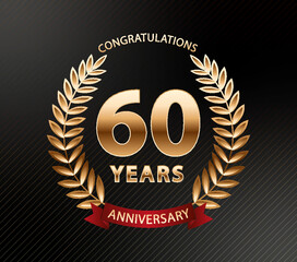 60 years anniversary golden laurel wreath. Anniversary celebration logo. Vector illustration Editable