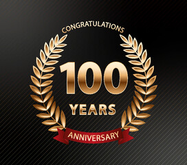 100 years anniversary golden laurel wreath. Anniversary celebration logo. Vector illustration Editable