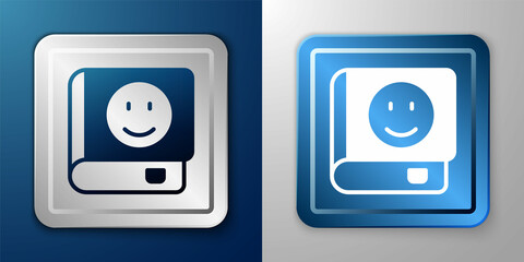 White Book icon isolated on blue and grey background. Silver and blue square button. Vector
