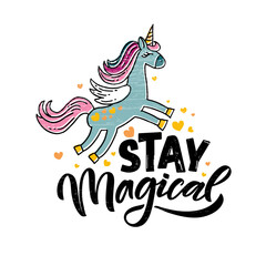 Fototapeta na wymiar Hand sketched magic vector illustration with lettering typography quotes. Motivational magic quotes concept for children t-shirt print. Magic logotype, badge, icon. Unicorn logo, banner, flyer. eps 10