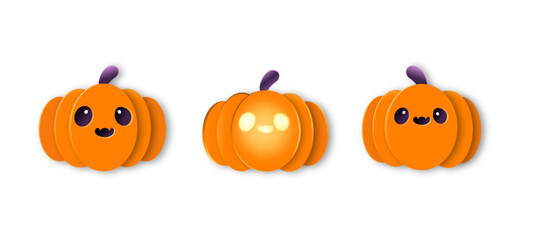 Set of cute  halloween pumpkins with funny faces. Vector illustration. Voluminous design