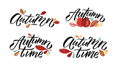 Autumn vector illustration with lettering typography of autumn. Autumn icon, badge, poster, banner with signature. Apple, leaves, pomergranate. Autumn template for postcard, invitation, card