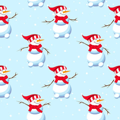 Christmas card snowman with smile. Seamless christmas pattern.
