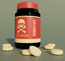 Toxic poison pills with bottle. 3D rendering illustration. 