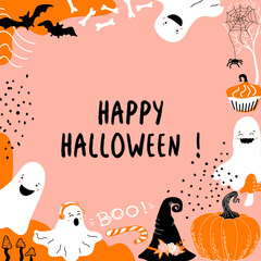 Happy Halloween pink background. Lettering. Pumpkins, bats, spiders, cute ghosts, mushrooms, cupcake and bones. Doodle border. Vector frame