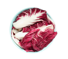 Obraz premium Leaves of ripe radicchio in bowl on white background, top view
