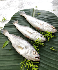 Fresh Silver Croaker Fish decorated with fruits and herbs on a banana leaves,Selective Focus.