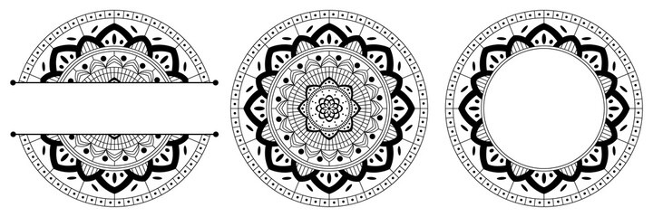 Set of flower mandalas. Split pattern in form of mandala for Henna Mehndi or tattoo decoration. Decorative ornament in ethnic oriental style, vector illustration.