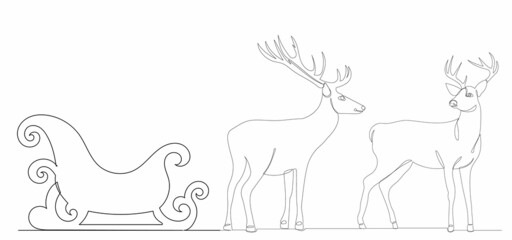 Fototapeta na wymiar deer and sleigh drawing by one continuous line, isolated