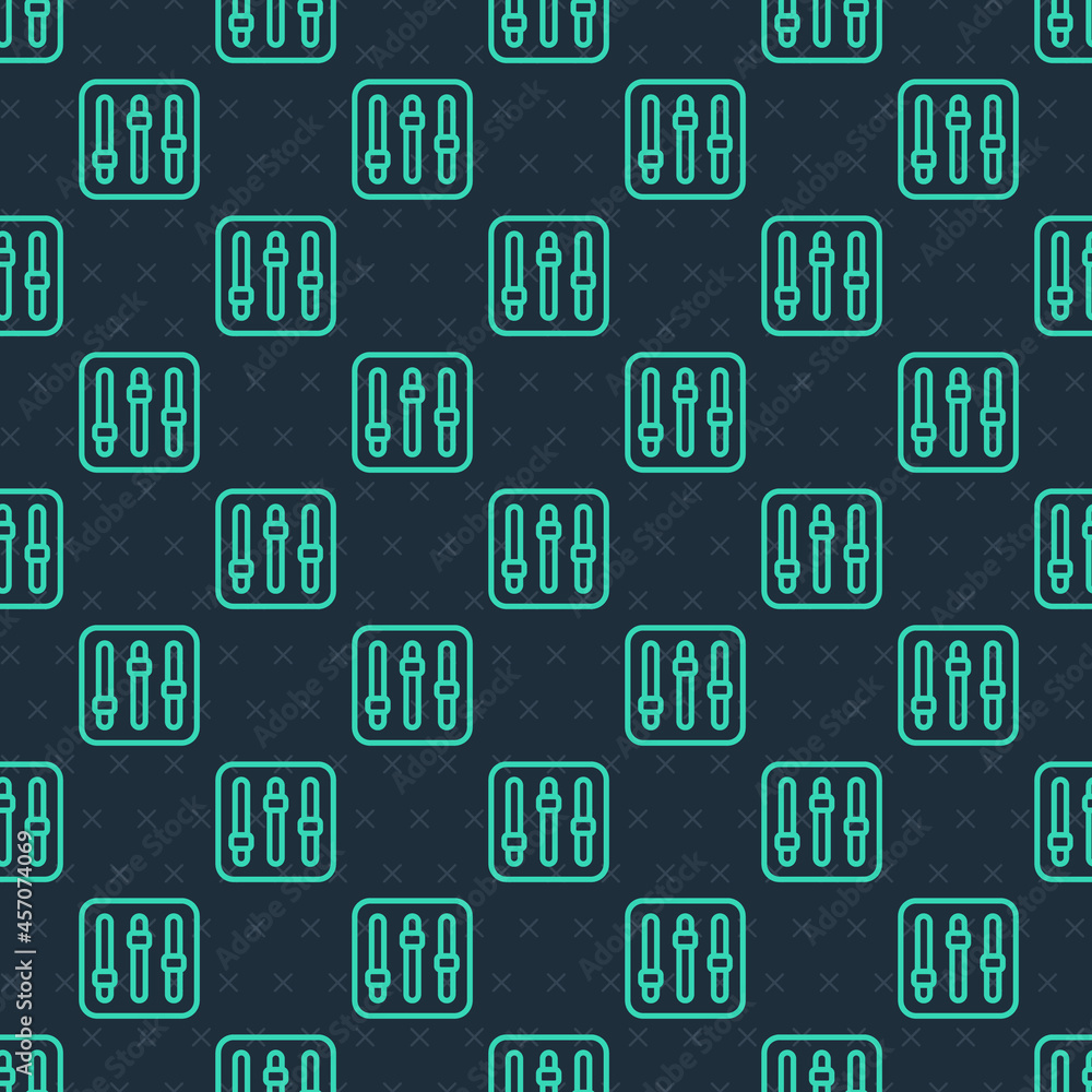 Poster green line sound mixer controller icon isolated seamless pattern on blue background. dj equipment sl