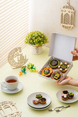 Martabak Mini or Martabak Mini Bangka with various Topping. The martabak mini bangka is made from a mixture of flour, eggs, sugar, baking soda, coconut milk and water.