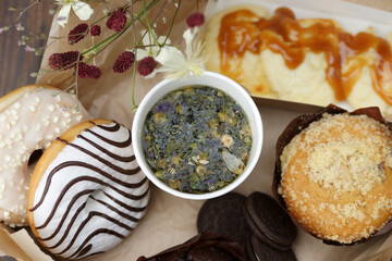 Donuts, drink and other delicious food