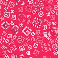 White line Play Video icon isolated seamless pattern on red background. Film strip sign. Vector