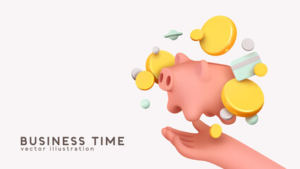 Pig piggy bank in the palm of hand. Money creative business concept. Realistic 3d design gold coins and credit card. Safe finance investment. Financial services. Web site Landing. Vector illustration