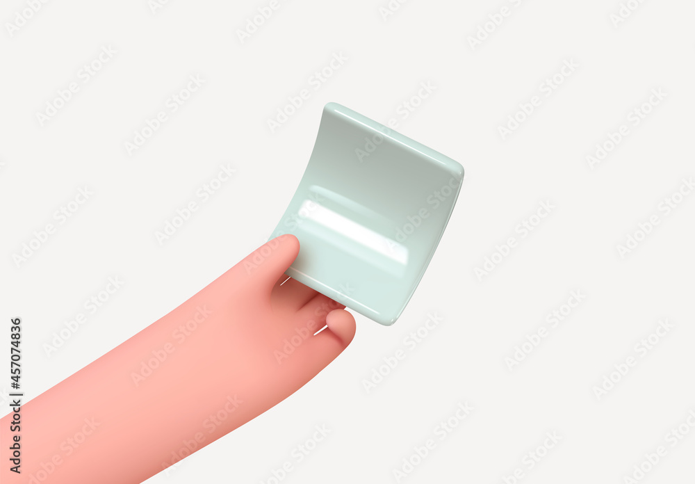 Poster in the hands of blank sheet of paper. holds in hands empty ticket template for text. realistic 3d de