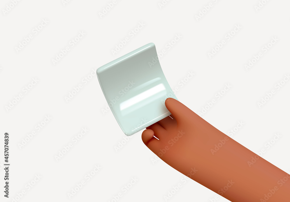 Aufkleber in the hands of blank sheet of paper. holds in hands empty ticket template for text. realistic 3d de