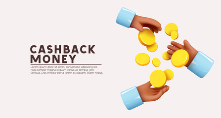 Gold Coins money passed and served from hand to hands. Creative concept. Trade cash back. Realistic 3d design in cartoon style. Business financial investment. Save savings. Vector illustration