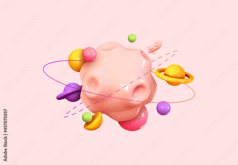 Aufkleber abstract solar system with planets and spaceship, rocket in orbit. colorful bright 3d planet with gl