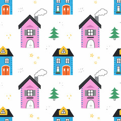 Cute hand drawn seamless pattern with houses on white background. Scandinavian style vector illustration.