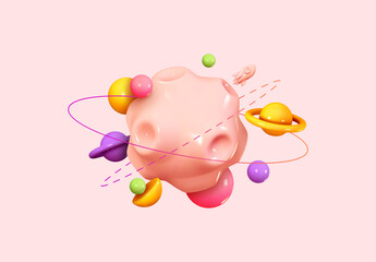 Abstract solar system with planets and Spaceship, rocket in orbit. Colorful bright 3d planet with glowing rings. Meteorite and comet. Space futuristic creative design. Vector illustration