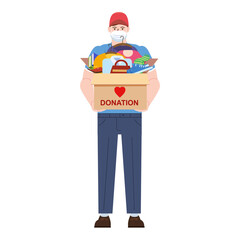 Volunter man deliver in mask, donation box with clothes, books, shoes. help for refugees, poor kids. Awareness and charity concept, vector, illustration flat cartoon style