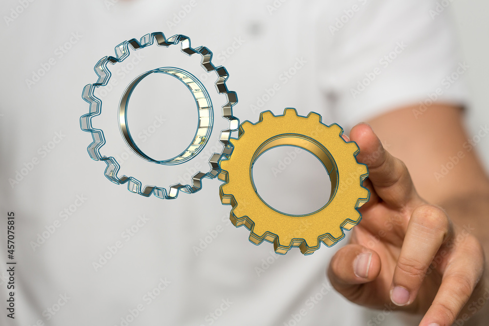 Poster Man draws gears on virtual screen. Blurred Abstract engine room..