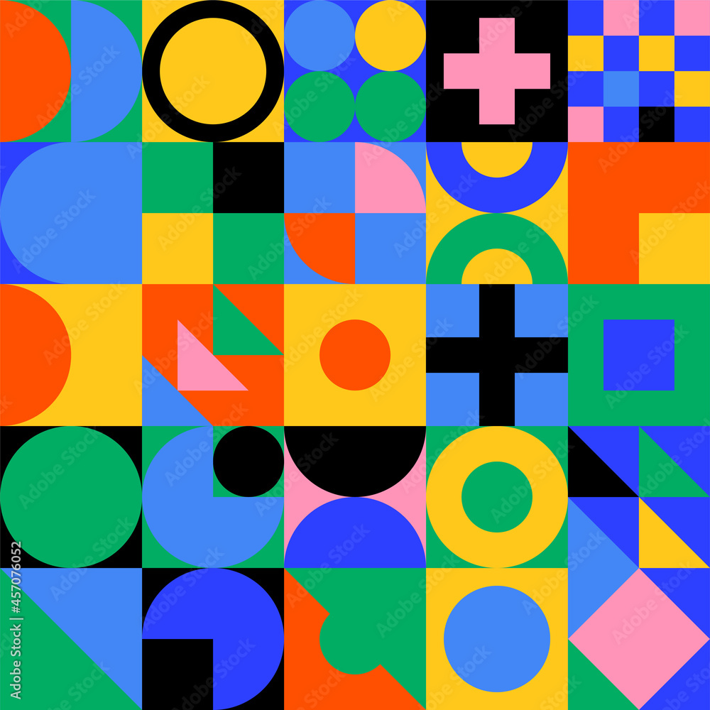 Poster abstract geometric square background. seamless pattern with colorful bauhaus shapes and forms. conte