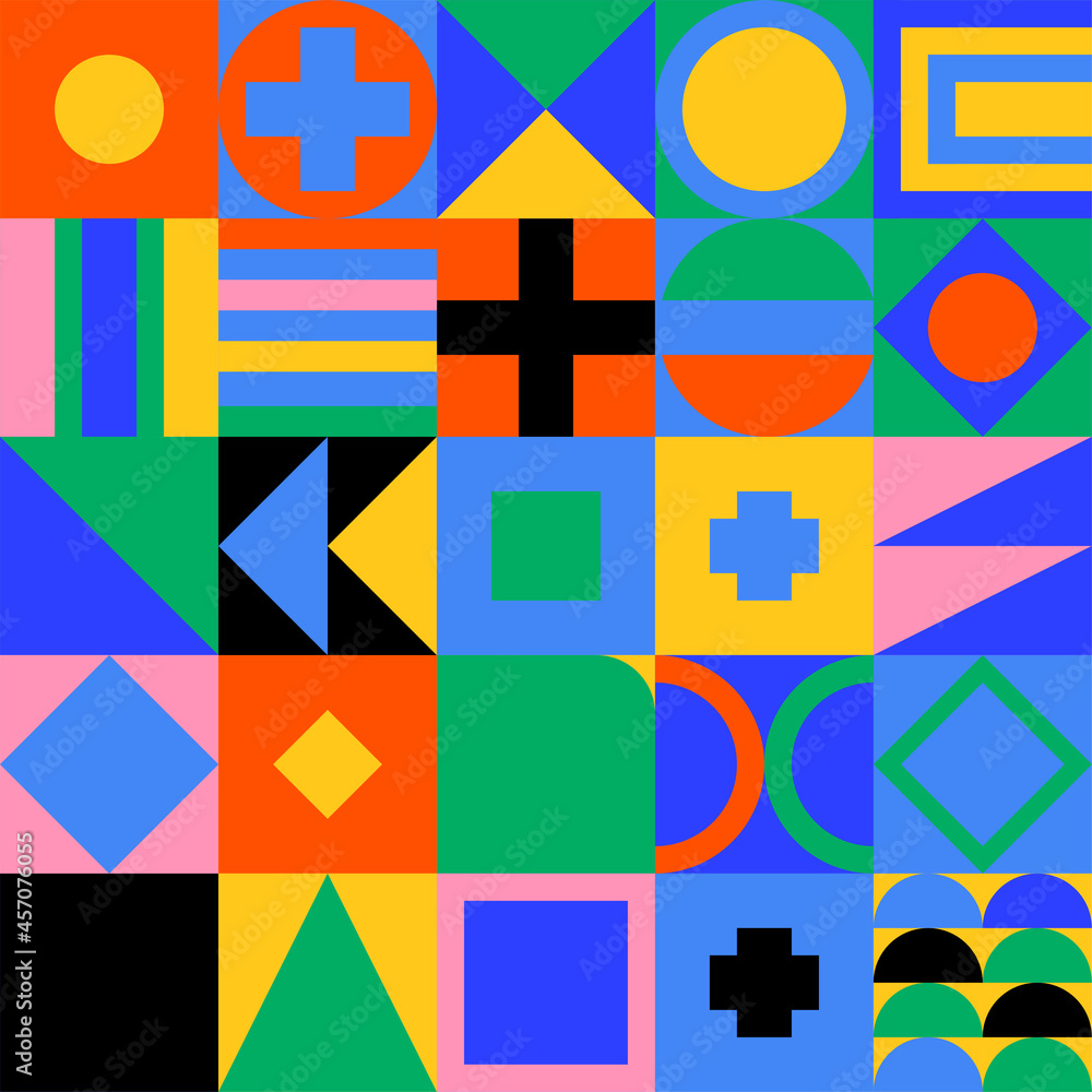 Poster abstract geometric square background. seamless pattern with colorful bauhaus shapes and forms. conte