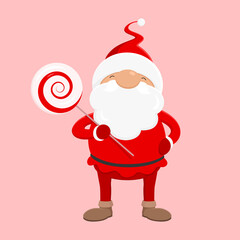 Santa with swirl lollipop. Cartoon style. Vector illustration.