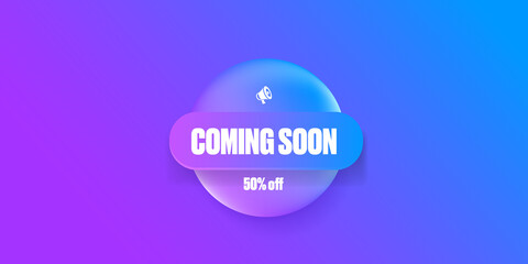 coming soon banner or button on purple modern background. Coming soon sign isolated on violet layout
