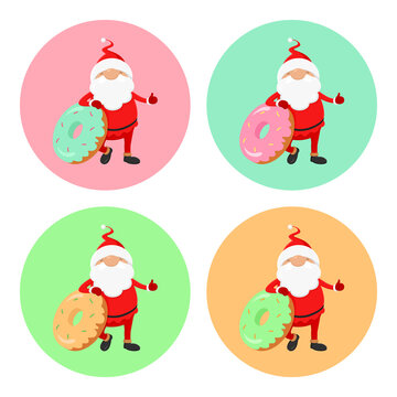 Set of Christmas avatars. Santa with donuts. Vector illustration.