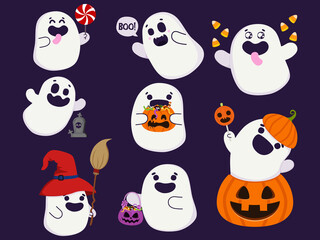 Halloween set of ghost apparition spook horror set. The halloween ghost character design. Isolated vector illustration. Halloween set of cute funny ghosts. EPS