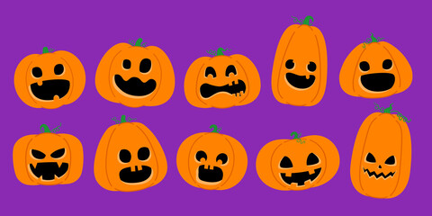 Fototapeta premium Set of Halloween pumpkins on purple background. Flat design of Orange pumpkin with funny and cute face for decorate your design for the holiday Halloween. 2D Vector illustration . Cartoon character